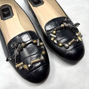 Christian Dior Tresor Croc Crystal Charm Embellished Leather Loafer Flats Black